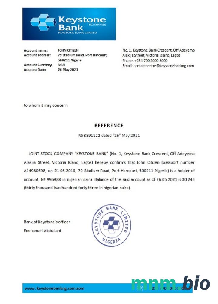 Przykład odniesienia banku Keystone w Nigerii w formatach Word i PDF